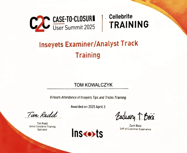 Dokument szkolenia Cellebrite Inseyets Examiner/Analyst Track
