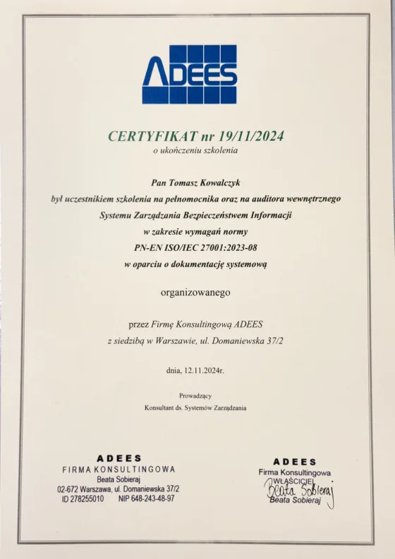 Zaświadczenie ukończenia szkolenia pełnomocnika i audytora wewnętrznego ISO/IEC 27001